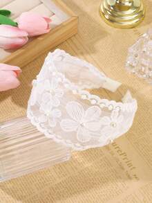 1件波希米亞風蕾絲網紗珍珠刺繡花卉寬髮帶，甜美鄉村風百搭女性髮飾髮箍 - 白色 - 查看 9
