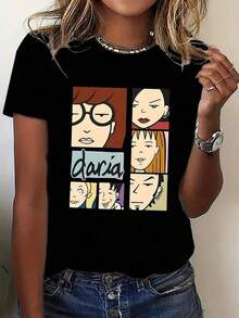 Unique Y2K Design T-Shirt With Iconic Daria Character Print, Ideal For Retro Fashion Lovers In Mexico. It Stands Out For Its Vibrant Colors And Youthful Style, Perfect For Any Occasion. Add An Original Touch To Your Daily Outfit. Comfortable And Versatile For School, Work, Outings, And Casual Events. - 黑色 - 查看 1