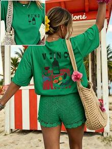 Women's Casual Graphic Short Sleeve T-Shirt, Streetwear Style, Cute Summer Top, ChristmasPrinted Round Neck Short Sleeve Women's Tee - Daily Casual, S - 綠色 - 查看 6