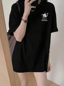 100% Algodón Premium 180g : Camiseta negra estampada gato Blackcat con estilo moderno y casual, ideal para jóvenes y amantes de los gatos, disponible en tallas S, M, L; camiseta básica cómoda para uso diario,  de moda en ropa urbana, camiseta de diseño exclusivo para destacar en cualquier ocasión.. Ropa de Moda Casual Suave y Transpirable para Diario - Negro - Ver 6