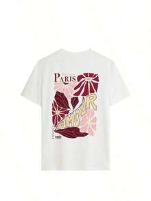 New Summer 2026 Collection, Women's Cream Floral Print "Paris Lover" Short Sleeve Crew Neck T-Shirt, Casual Loose Fit, Parisian Style, Romantic Style, City Stroll, Date Night, Cherry Blossom Season, Brunch, Spring/Summer - Vintage Urban Style, Unisex Cotton Short Sleeve Crew Neck T-Shirt, Sizes: S–7XL; Ships In 24 Hours. Breathable And Comfortable. - 白色 - 查看 3