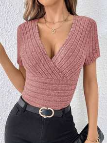 Camiseta de cuello cruzado tejido de canalé - Rosa - Ver 5