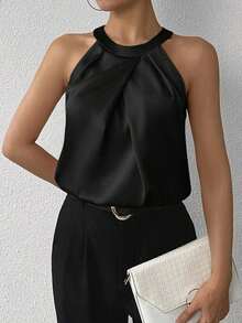 Privé Blusa de satén con cuello halter plisado de color champán, parte superior sin mangas, para uso diario en la oficina, elegante y sencilla, para mujeres, graduación, maestras, vuelta al colegio - Negro - Ver 5