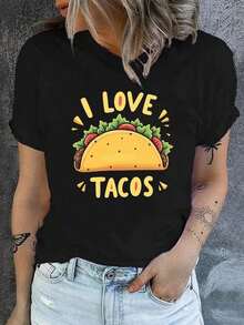 Carnaval Fiesta Taco Luz del sol Y Sonríe 100% Algodón Mujeres Yo Amor Tacos" Patrón Camiseta - De manga corta, Cuello Redondo Informal Superior Con A Vibrante Taco Imprimir, Máquina Lavable Adecuado Para Cómodo Ropa En Primavera Y Verano, Mediano Estiramiento Tela, Ropa Para Taco Amantes, Diversión Diseño, Transpirable Algodón Tee, Todos Partido, combinación Positivo Ropa de Verano Fresca para Mujer de Attitude - Negro - Ver 1