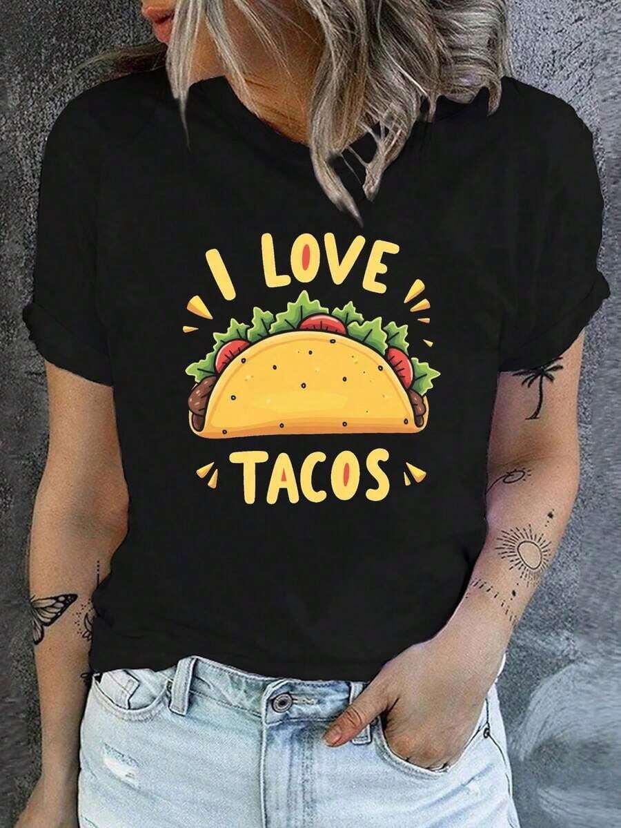 Carnaval Fiesta Taco Luz del sol Y Sonríe 100% Algodón Mujeres Yo Amor Tacos" Patrón Camiseta - De manga corta, Cuello Redondo Informal Superior Con A Vibrante Taco Imprimir, Máquina Lavable Adecuado Para Cómodo Ropa En Primavera Y Verano, Mediano Estiramiento Tela, Ropa Para Taco Amantes, Diversión Diseño, Transpirable Algodón Tee, Todos Partido, combinación Positivo Ropa de Verano Fresca para Mujer de Attitude - Negro - Ver 1