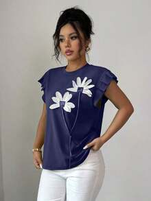 Camiseta de mujer con flores tridimensionales lindas y contrastantes para verano y otoño - Azul marino - Ver 5