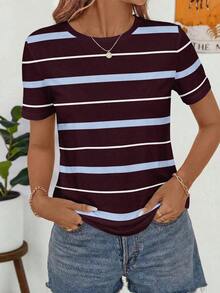 Camiseta de manga corta holgada con cuello redondo, estilo asimétrico a rayas, minimalista y casual, para mujer.Versátil y adecuada para primavera/verano y temporada deportiva - Multicolor 2 - Ver 3