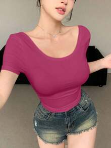 Camiseta ajustada de mujer de manga corta y escote redondo sin espalda de unicolor, top halter de verano - Rosa Fucsia - Ver 2