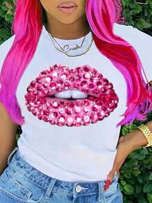 Camiseta de Mujer con Estampado de Labios y Diamantes Rosados Brillantes - Top Casual de Manga Corta y Cuello Redondo, Semitransparente, Lavable a Máquina, Camiseta de Moda para Todas las Temporadas, Camiseta de Mujer, Estampado de Labios, Textura Semitransparente - Negro - Ver 1