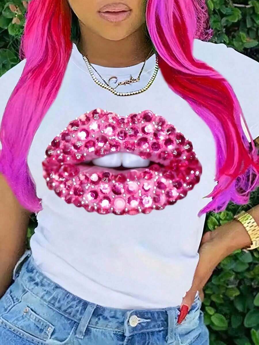 Camiseta de Mujer con Estampado de Labios y Diamantes Rosados Brillantes - Top Casual de Manga Corta y Cuello Redondo, Semitransparente, Lavable a Máquina, Camiseta de Moda para Todas las Temporadas, Camiseta de Mujer, Estampado de Labios, Textura Semitransparente - Negro - Ver 1