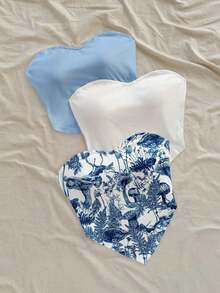 3 Piezas Camiseta corta casual con estampado de mariposa y diseño, bajo asimétrico, apta para vacaciones, playa, verano - Multicolor 2 - Ver 7