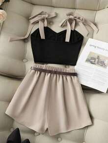 de verano sexy de 2 piezas con top corto de tirantes finos y lazo delantero en contraste de color + shorts caqui, conjunto casual de mujer para primavera/verano, adecuado para vacaciones, citas, de estilo coreano en Pinterest - Multicolor - Ver 2