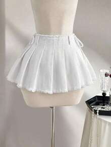 Minifalda de mezclilla con pliegues y deshilachados de moda para mujer - Blanco - Ver 6