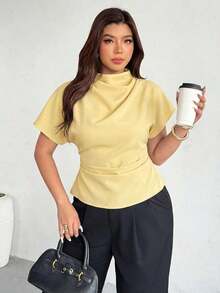 Blusa ajustada con cuello fruncido, manga asimétrica y cintura fruncida con estampado de lunares marrones.Adecuada para ir a trabajar, estilo vintage, elegante, para usar en las cuatro estaciones y para vacaciones en la Riviera Francesa - Amarillo - Ver 5