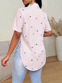 Camisa de mujer de manga corta, ajuste ceñido, con dobladillo curvo dividido, unicolor minimalista, para uso diario y casual en verano - Multicolor 5 - Ver 2