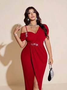 Viva Relle Vestido negro elegante y sexy para mujer de talla grande, vestido de gala formal con un hombro, cintura con strass, abertura lateral.El tono rojo es halagador y lujoso, el diseño asimétrico de un solo hombro resalta el hombro y la línea del cuello, la cintura con strass acentúa las curvas, y el diseño de abertura alta es sexy y elegante. - Burdeos - Ver 3