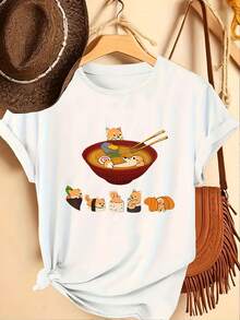 Limited Time Offer, Limited Quantities, Flash ! Women's Casual Shirts, Women's Polyester T-Shirts, Stylish Shirts. Kawaii Japanese Ramen T-Shirt, 1 Piece - Short-Sleeve, Crew-Neck T-Shirt With Adorable Pet And Ramen Print, Loose-Fitting Polyester, Machine Washable, Suitable For Everyday Wear, Casual Japanese-Style Blouse For Outfits - 白色 - 查看 9