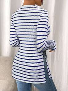 Frenchy Camiseta de manga larga a rayas de estilo informal para mujer con bajo con abertura, para primavera y otoño - Azul - Ver 2