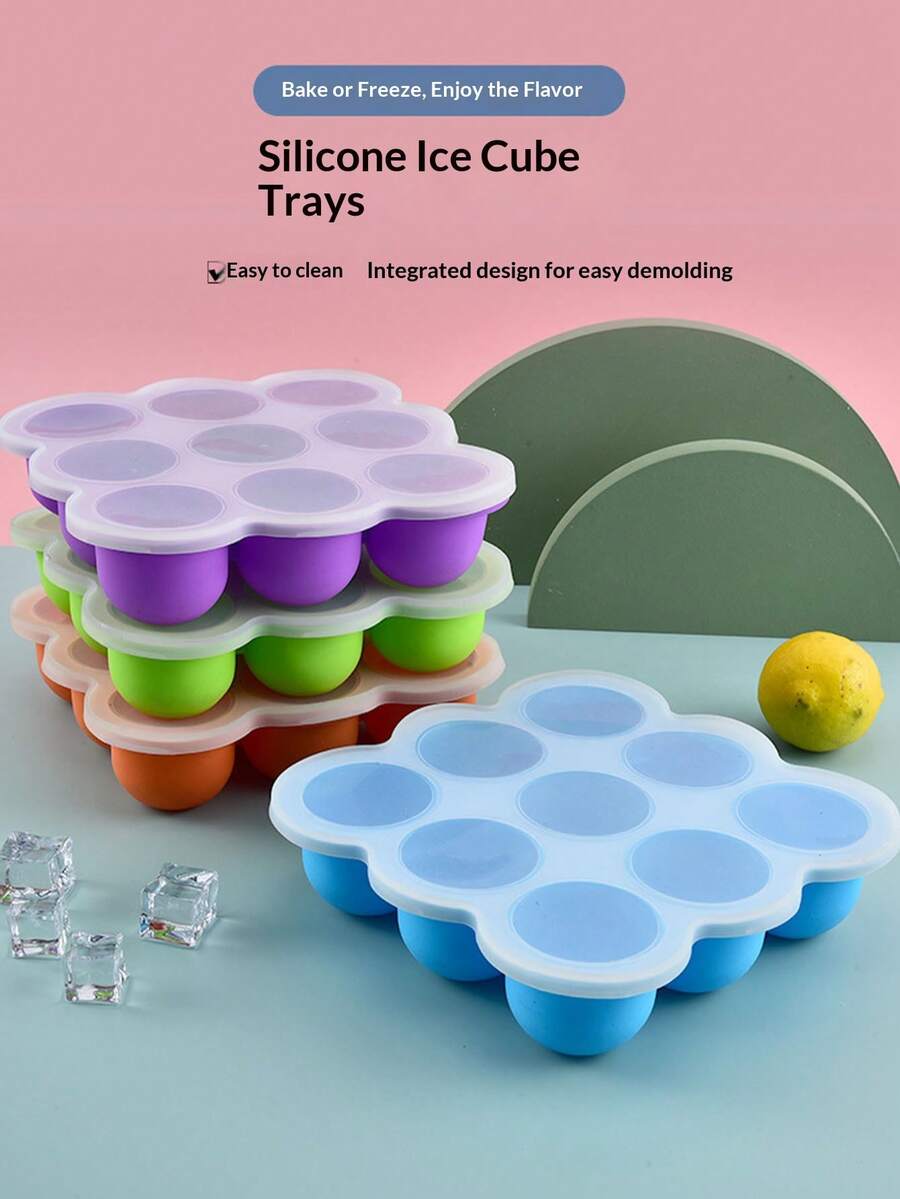 2-Tone 9-Grid Silicone Baby Food Freezer Container With Lid, 1 Ice Cube Tray - Multicolor - View 1