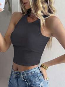 Camiseta de tirantes ajustada de unicolor casual de verano para mujer - Gris Oscuro - Ver 4