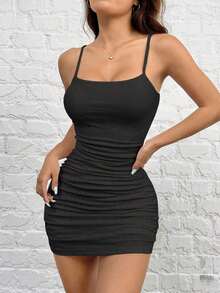 Vestido sin mangas tejido para mujer, unicolor para uso diario simple - Negro - Ver 4