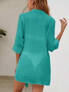 Swim Vcay Kimono unicolor con botón delantero bajo curvo - Verde - Ver 2