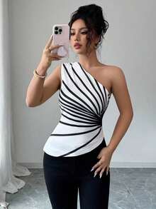 Blusa de punto con estampado de rayas y hombro asimétrico, nueva para el verano de mujer - Blanco y Negro - Ver 6
