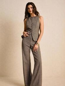 Traje vintage de pata de gallo marrón, conjunto de 2 piezas de chaleco y pantalones de pata de gallo de mujer para uso casual y formal, conjunto de pantalón ancho y chaleco, conjunto de dos piezas de tweed sin mangas para el invierno - Marrón - Ver 4