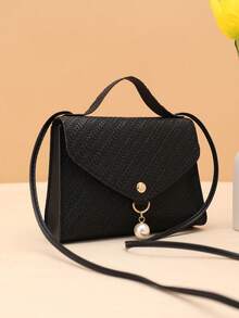 Solid Color Grass Texture Pearl Pendant Crossbody Handbag - Black - View 6