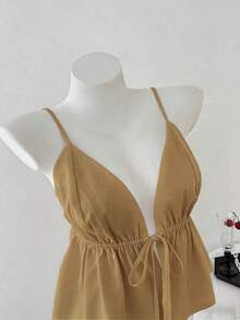 Top sin espalda con cuello de halter y rayas de strass para mujer - Caqui - Ver 4