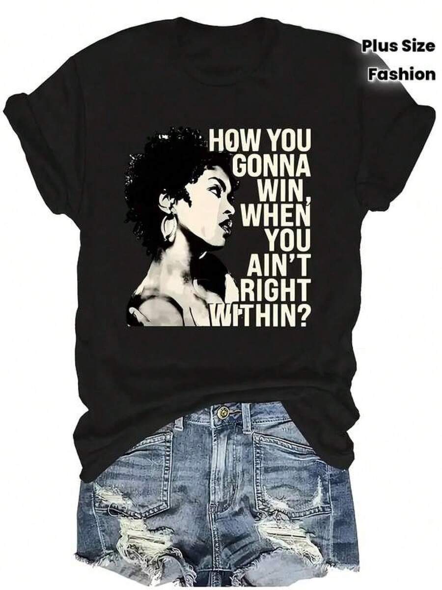 Men's Casual Black Short-Sleeved Crew Neck T-Shirt. Women's T-Shirts. Unique Tee With A Striking "How You Gonna Win When You Ain't Right Within" Design, Perfect For Y2K Fashion Lovers. Ideal For Creating A Bold And Modern Style, Available In Plus Sizes. Don't Miss Out And Stand Out From The Crowd. - 黑色 - 查看 1