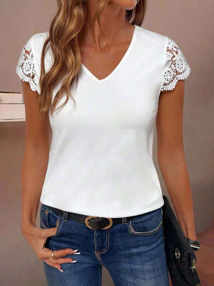 Camiseta de manga corta con parche de encaje en color liso, versátil y casual - Blanco - Ver 1