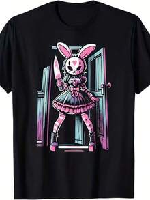 Camiseta negra informal de manga corta con cuello redondo para hombre,Camisetas Para Mujer T-shirt única con diseño de conejo misterioso en vestido gótico y cuchillo estilo y2k ideal para los amantes de la moda alternativa que buscan destacar su personalidad y estilo en ocasiones especiales o casuales - Negro - Ver 1
