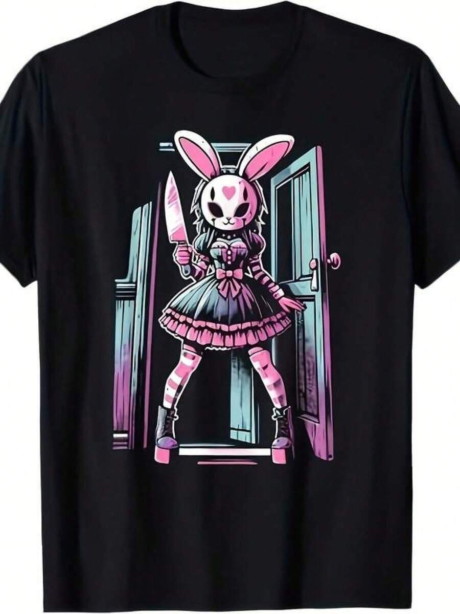 Camiseta negra informal de manga corta con cuello redondo para hombre,Camisetas Para Mujer T-shirt única con diseño de conejo misterioso en vestido gótico y cuchillo estilo y2k ideal para los amantes de la moda alternativa que buscan destacar su personalidad y estilo en ocasiones especiales o casuales - Negro - Ver 1