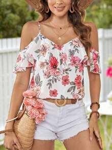 Blusa de mujer de gasa con hombros descubiertos, bajo con volantes y estampado, para primavera/verano y vacaciones - Blanco - Ver 11