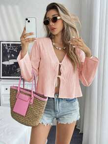 Blusa suelta de hombros caídos con nudo delantero, unicolor, de estilo informal, con mangas acampanadas para mujer - Rosa Pálido - Ver 6