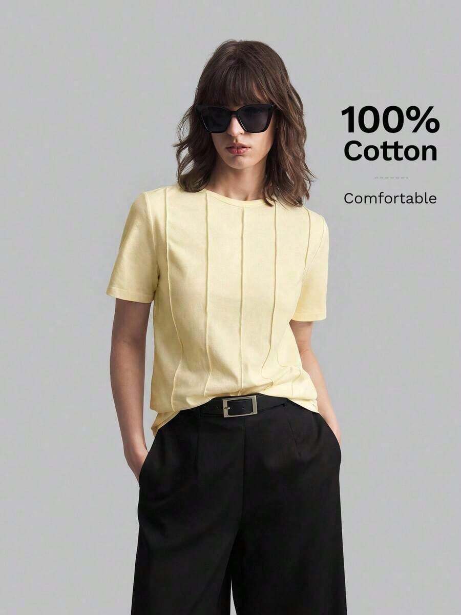Camiseta casual de mujer de manga corta con cuello redondo, diseño de rayas de palillo de dientes de unicolor, adecuada para uso casual urbano de primavera/verano, moda minimalista, viajes de oficina, sencillez elegante, atuendo para el Día d - Amarillo - Ver 1