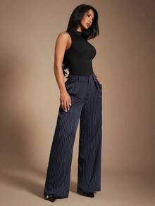 Pantalones de traje azul marino a rayas de estilo minimalista y moderno para mujer, pantalones de cintura alta, pantalones azules, pantalones a rayas, pantalones anchos de pierna ancha, pantalones casuales, pantalones de negocios, adecuados para s - Azul - Ver 4