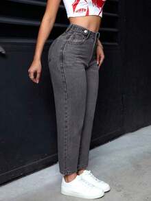 Pantalones vaqueros informales de mujer con bolsillos de forma cónica y multiusos - Gris Oscuro - Ver 4