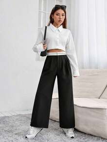Pantalones de pierna ancha de talle alto - Negro - Ver 5