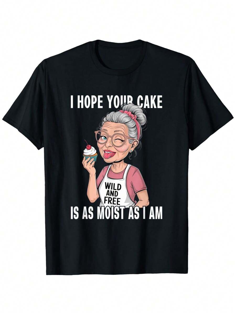 Funny Grandma T-Shirt With Wet Cake Design, 100% Pure Cotton, Soft Unisex Style, Suitable For Men And Women. Ideal As A Gift For Birthdays, Valentine's Day, Ramadan, And Carnival, For Mom, Dad, Grandma, And Friends. Casual Crew Neck T-Shirt With Funny Design - 黑色 - 查看 1