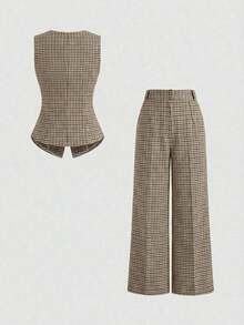 Conjunto de blazer sin mangas y pantalones a cuadros vintage 2026 - Detalles de botones de cintura alta, versátil y elegante conjunto de dos piezas para la oficina casual y las vacaciones - Multicolor 4 - Ver 2