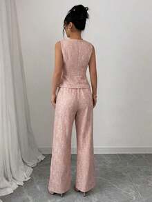 Nuevo traje de encaje casual y elegante para mujer, con contraste de color de encaje y botones de perla, adecuado para el Día de San Valentín, Halloween, vuelta al colegio, primavera/verano, traje de oficina profesional, atuendo de maestra, trayec - Rosa - Ver 2