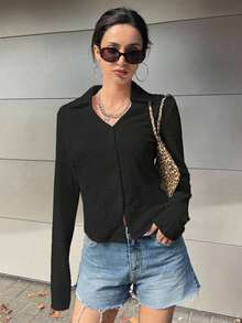 Camisa con botones delanteros sólidos, blusas de manga larga, ropa de otoño, blusas con estilo preppy - Negro - Ver 5