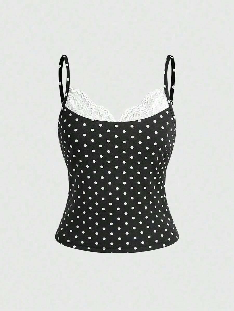 Camiseta de mujer con cuello en U, con detalles de encaje y estampado de lunares modernos - Negro - Ver 1