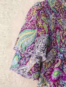 Blusa casual de mujer talla grande de unicolor con cuello redondo, mangas de doble capa, corta, plisada, versátil y de moda para el verano y vacaciones - Púrpura malva - Ver 3