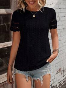 Camiseta con bordado con ojal ribete en abanico - Negro - Ver 4