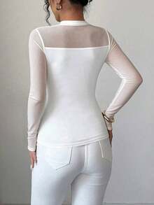 Blusa de manga larga elegante de unicolor con empalme transparente y ajuste elástico para mujer, otoño/invierno - Blanco - Ver 2