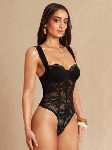 Body de encaje negro sexy, body de manga larga ajustado y transparente con parches de encaje, tirantes de espagueti, versátil para uso diario, citas y salir - Negro - Ver 3