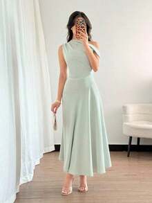 Vestido de cóctel elegante de estilo francés bohemio y chic con detalles de volantes, cuello asimétrico y silueta de línea A en color verde macaron, ideal para vacaciones, días festivos, graduación, citas - Verde - Ver 3